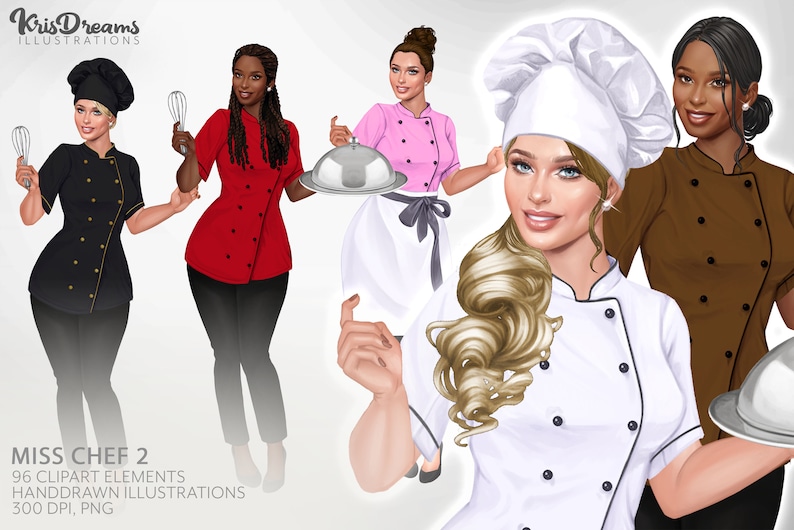 May include: Digital illustration featuring several female chefs in various uniforms. One chef wears a black uniform with gold buttons, another a red jacket, and a third a pink top. The image includes the text "MISS CHEF 2" and "96 CLIPART ELEMENTS".