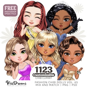 Prom Girls PNG Bundle | Chibi Customizable Clipart | Cartoon Women Gown, Bridesmaids Clipart | Png and Psd Files for Sublimation