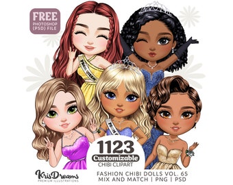 Prom Girls PNG Bundle | Chibi Customizable Clipart | Cartoon Women Gown, Bridesmaids Clipart | Png and Psd Files for Sublimation