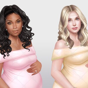 Peut inclure: Deux femmes enceintes portant des robes &agrave; &eacute;paules d&eacute;nud&eacute;es. L'une a de longs cheveux noirs boucl&eacute;s et porte une robe rose. L'autre a de longs cheveux blonds boucl&eacute;s et porte une robe jaune.