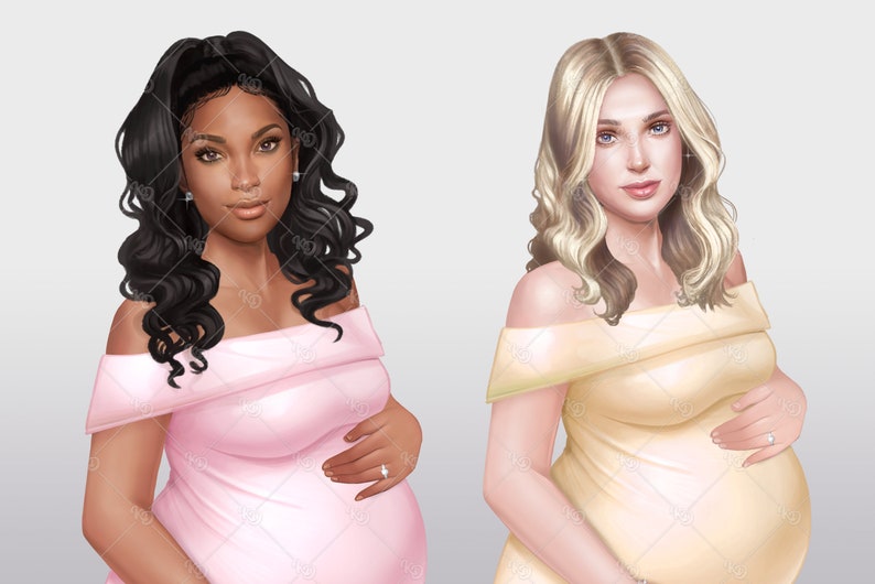 Peut inclure: Deux femmes enceintes portant des robes &agrave; &eacute;paules d&eacute;nud&eacute;es. L'une a de longs cheveux noirs boucl&eacute;s et porte une robe rose. L'autre a de longs cheveux blonds boucl&eacute;s et porte une robe jaune.