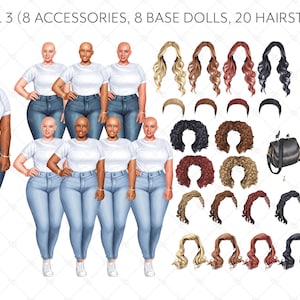 May include: Digital illustration of eight diverse women with different hairstyles and accessories. The women are wearing white t-shirts and blue jeans. The image includes text that says "Just a girl with GOALS", "the if unSTOPpable", "QUEEN", "hustle hard PRAY HARDER", and "mmonless".