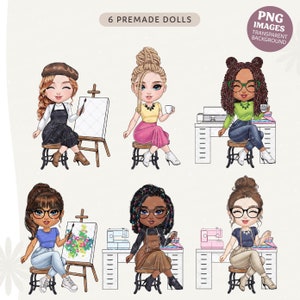 Cartoon Crafter Customizable Clipart: Chibi Woman Arts and Crafts, Sewing, Small Business PNG Bundle | Mix and Match Digital Doll image 2