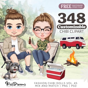 Pareja Chibi de camping, fondo de lago al aire libre, clipart personalizable, ilustración de escena de viaje