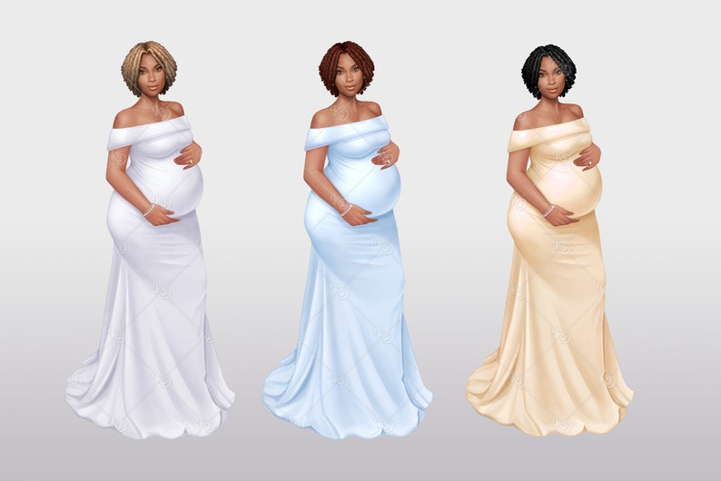 Peut inclure: Trois femmes enceintes portant des robes &agrave; &eacute;paules d&eacute;nud&eacute;es. Les femmes portent des robes blanches, bleu clair et beige. Elles sont toutes debout, les mains sur le ventre.