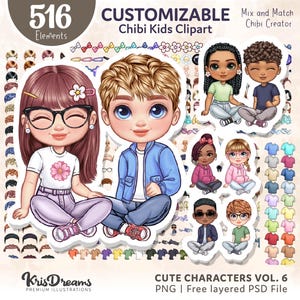 Customizable Chibi Kids Clipart Bundle | PNG Set Editable Characters Creator | Mix and Match Outfits Hairstyles Accessories Digital Download