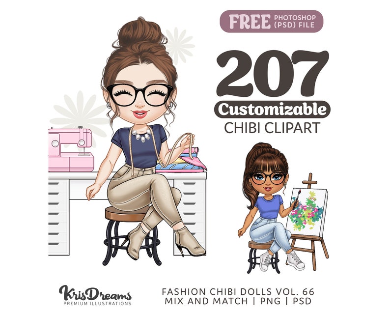 Customizable chibi woman clipart set featuring 207 mix-and-match elements, including diverse skin tones, hairstyles, outfits, and arts and crafts accessories like sewing machines and paintbrushes. Ideal for crafters, small business branding, and DIY projects. Includes layered PSD files and high-quality PNGs for easy customization.