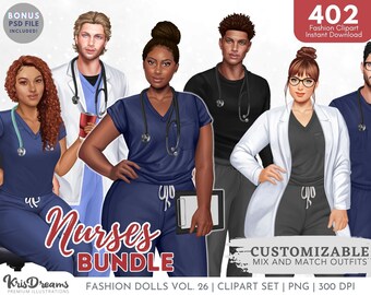Nurse Clipart PNG, Clipart Bundle, Health Care Clipart, Scrubs Clipart, African Woman and Man Clipart, Fashion Bundle Digital Download