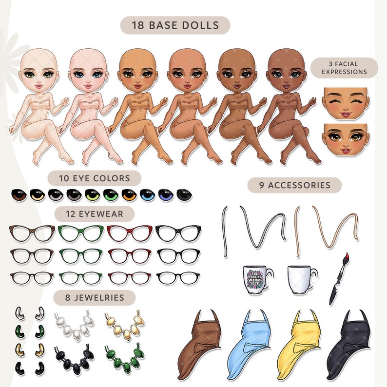 Cartoon Crafter Customizable Clipart: Chibi Woman Arts and Crafts, Sewing, Small Business PNG Bundle | Mix and Match Digital Doll image 3