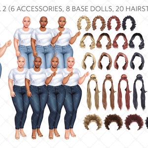 May include: Digital illustration of eight bald women with different hairstyles and outfits. The women are wearing white t-shirts and blue jeans. The image includes 20 different hairstyles, 6 accessories, and the text "Hustle Hard", "Queen", "Just a girl with GOALS", "The Unstoppable", and "Adventurous".