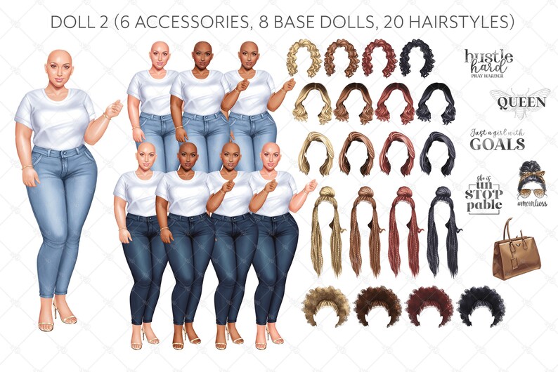 May include: Digital illustration of eight bald women with different hairstyles and outfits. The women are wearing white t-shirts and blue jeans. The image includes 20 different hairstyles, 6 accessories, and the text "Hustle Hard", "Queen", "Just a girl with GOALS", "The Unstoppable", and "Adventurous".