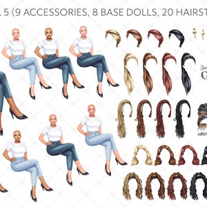 May include: A digital illustration set of 8 diverse female avatars with 20 different hairstyles and 9 accessories. The avatars are wearing white shirts and blue jeans. The accessories include a crown, sunglasses, a necklace, and a quote about hustle. The hairstyles include braids, dreadlocks, and curly hair.