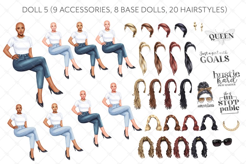 May include: A digital illustration set of 8 diverse female avatars with 20 different hairstyles and 9 accessories. The avatars are wearing white shirts and blue jeans. The accessories include a crown, sunglasses, a necklace, and a quote about hustle. The hairstyles include braids, dreadlocks, and curly hair.