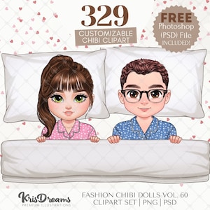 Clipart di coppia che si coccola / Marito e moglie che si coccolano in una coperta / PSD personalizzabile Chibi - Regalo perfetto per genitori e nonni