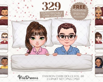 Cuddling Couple Clipart | Husband and Wife Snuggling in Blanket Art | Chibi Customizable PSD - Perfect Gift for Parents and Grandparents