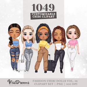 Chibi Best Friends Customizable Clipart: Mix and Match Digital Paper Doll with Fashion and Hairstyles for HTV & Sublimation Designs