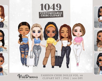 Chibi Best Friends Customizable Clipart: Mix and Match Digital Paper Doll with Fashion and Hairstyles for HTV & Sublimation Designs