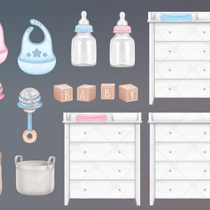 May include: A set of baby nursery items including two bibs, two baby bottles, two rattles, a set of wooden blocks that spell "BABY", two white changing tables with drawers, and two storage baskets.