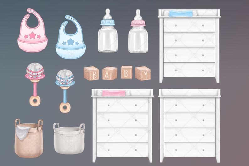May include: A set of baby nursery items including two bibs, two baby bottles, two rattles, a set of wooden blocks that spell "BABY", two white changing tables with drawers, and two storage baskets.