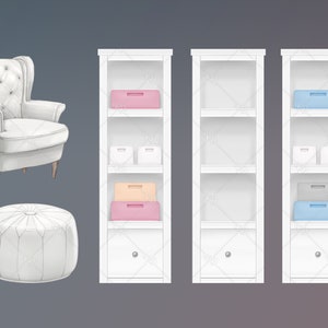 May include: A white tufted armchair with wooden legs, a white ottoman, and three white bookshelves with different colored boxes on the shelves.