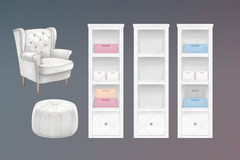 May include: A white tufted armchair with wooden legs, a white ottoman, and three white bookshelves with different colored boxes on the shelves.