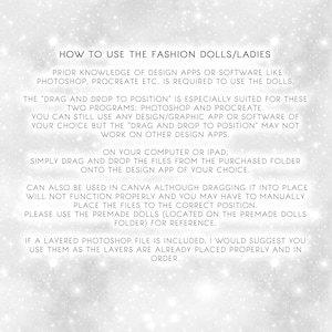 May include: Instructions on how to use fashion dolls or ladies for design projects. The text mentions using design apps like Photoshop and Procreate, and suggests using a premade dolls folder for reference.