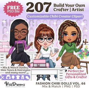 Chibi Crafter Girl Clipart PNG Bundle – Cartoon Logo, Sewing Clipart, Artist, Crafting Portrait Creator for Small Business and DIY Projects
