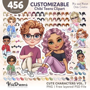 Custom Chibi Teen Clipart PNG Bundle | Hand Drawn Kids Avatar PSD | Creator Cartoon Character Maker | Fashion Hairstyles Outfits DIY Pack
