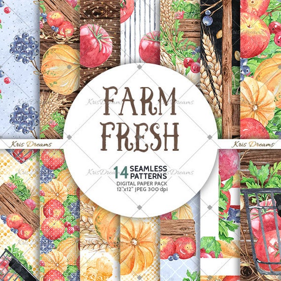 Vegetables Fruits Farm Market Seamless Watercolor Digital Paper Wood Texture Chalkboard Tomato Apple Pumpkin Squash Berries