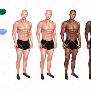 K&ouml;nnte beinhalten: Vier M&auml;nner stehen in einer Reihe, jeder tr&auml;gt eine schwarze Badehose und schwarze Socken. Die M&auml;nner haben unterschiedliche Hautt&ouml;ne: hell, mittel und dunkel. Die M&auml;nner sind alle muskul&ouml;s und haben eine &auml;hnliche Pose.