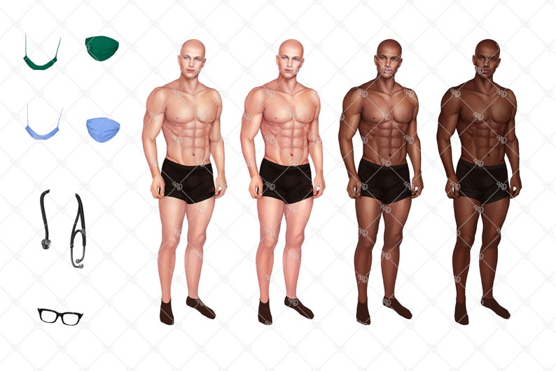 K&ouml;nnte beinhalten: Vier M&auml;nner stehen in einer Reihe, jeder tr&auml;gt eine schwarze Badehose und schwarze Socken. Die M&auml;nner haben unterschiedliche Hautt&ouml;ne: hell, mittel und dunkel. Die M&auml;nner sind alle muskul&ouml;s und haben eine &auml;hnliche Pose.