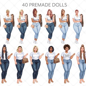 May include: 40 premade digital illustrations of women wearing white t-shirts, blue jeans, and carrying purses. The women have different hairstyles and skin tones.