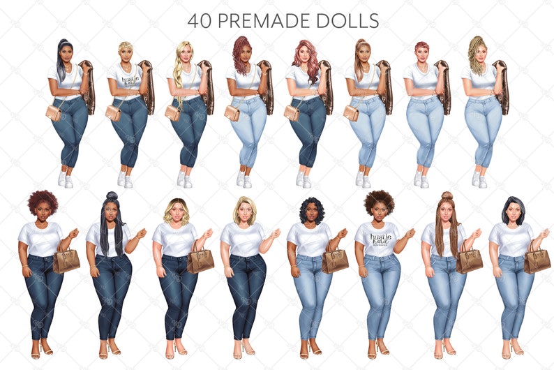 May include: 40 premade digital illustrations of women wearing white t-shirts, blue jeans, and carrying purses. The women have different hairstyles and skin tones.