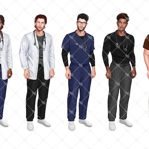 K&ouml;nnte beinhalten: F&uuml;nf M&auml;nner tragen verschiedene medizinische Scrubs. Die M&auml;nner tragen wei&szlig;e, blaue, schwarze, braune und graue Scrubs. Alle M&auml;nner tragen Stethoskope um den Hals.
