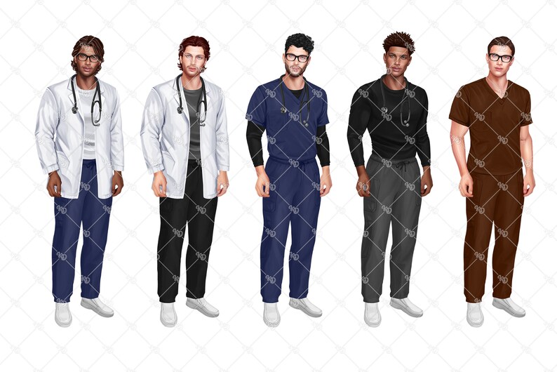 K&ouml;nnte beinhalten: F&uuml;nf M&auml;nner tragen verschiedene medizinische Scrubs. Die M&auml;nner tragen wei&szlig;e, blaue, schwarze, braune und graue Scrubs. Alle M&auml;nner tragen Stethoskope um den Hals.