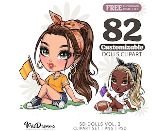 Football Clipart | Cartoon Sports Girl Png | Chibi Mom Character with Customizable Hair and Fashion | Png and Psd | Sublimation Print Design