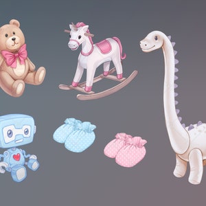 May include: A collection of plush toys for children, including a brown teddy bear with a pink bow, a white rocking horse with pink accents, a white dinosaur, a blue robot, and two pairs of baby booties, one blue and one pink.