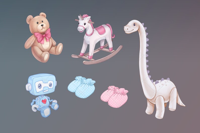 May include: A collection of plush toys for children, including a brown teddy bear with a pink bow, a white rocking horse with pink accents, a white dinosaur, a blue robot, and two pairs of baby booties, one blue and one pink.