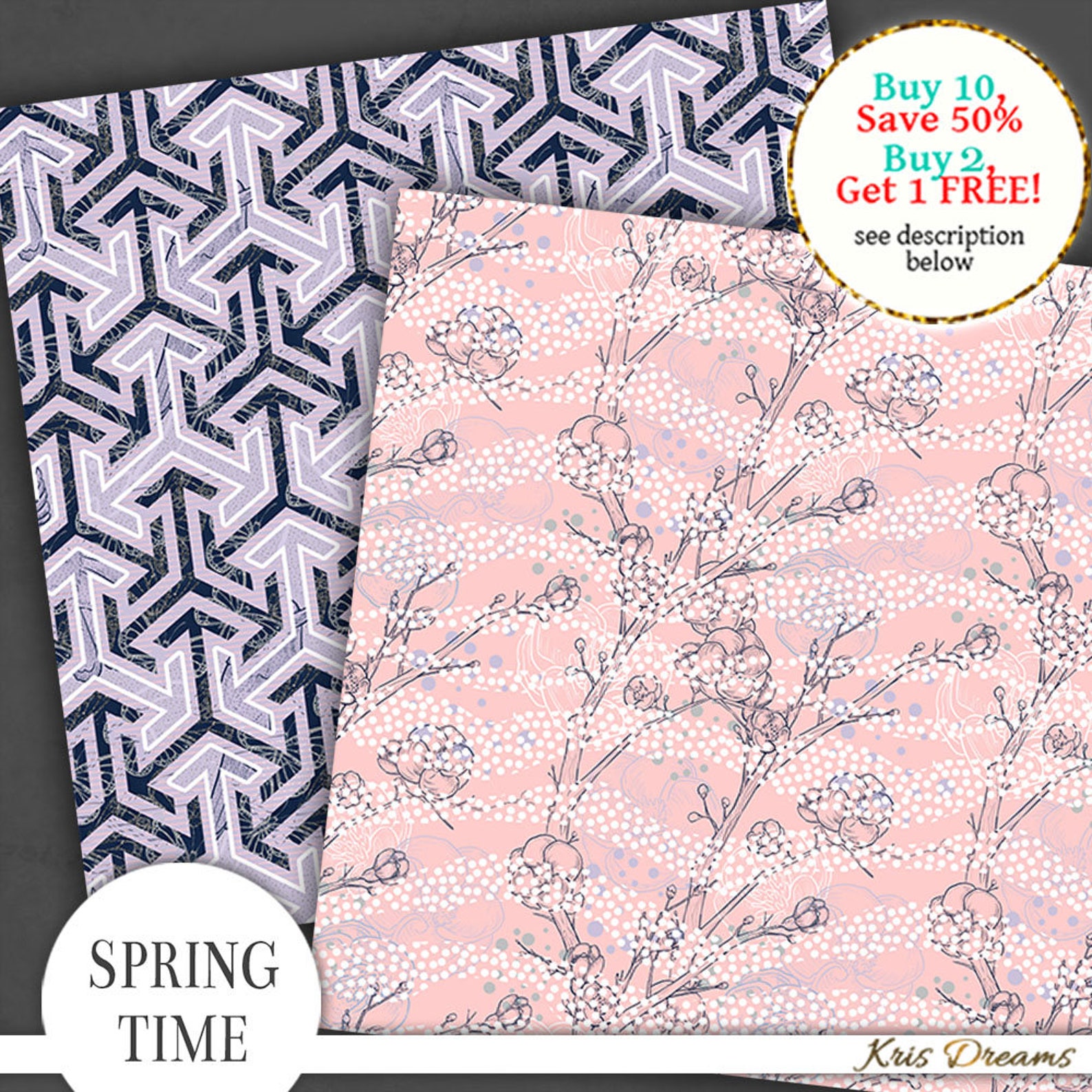 Spring Floral Digital Paper Seamless Pattern Flower Dragonfly ...