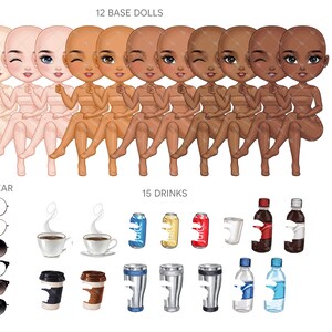 May include: A set of 12 digital doll base images, 11 eye colour options, 4 eyewear options, 15 drink options, and 4 earring options. The dolls are sitting with their legs crossed and have a variety of skin tones. The drinks include coffee, soda, and water. The earrings are gold and silver.