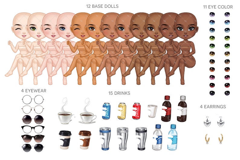 May include: A set of 12 digital doll base images, 11 eye colour options, 4 eyewear options, 15 drink options, and 4 earring options. The dolls are sitting with their legs crossed and have a variety of skin tones. The drinks include coffee, soda, and water. The earrings are gold and silver.