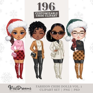 Chibi Christmas Girls Clipart - Customizable PNG | Best Friends, Sisters, Girlfriends | Curvy Women Art | DIY Holiday Graphics