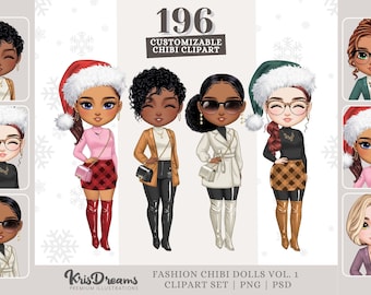 Chibi Christmas Girls Clipart - Customizable PNG | Best Friends, Sisters, Girlfriends | Curvy Women Art | DIY Holiday Graphics
