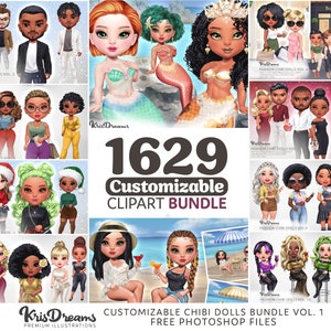 Chibi anpassbare Clipart Bundle, süße Chibi Mädchen Clipart, Urlaub, Weihnachten, Halloween, Sommer, Meerjungfrau, Shopping, Paar Clipart