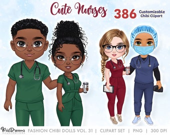 May include: Four cartoon nurses in different colored scrubs and accessories. The nurses are wearing glasses, a stethoscope, and a face mask. The image includes the text "Cute Nurses 386 Customizable Chibi Clipart".