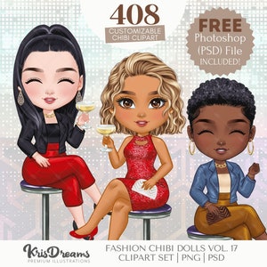 Chibi Best Friends Drinking Cocktail Clipart | Chibi Souls Sisters Girls Night Out | Customizable Hair and Fashion Illustrations