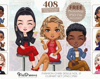 Chibi Best Friends Drinking Cocktail Clipart | Chibi Souls Sisters Girls Night Out | Customizable Hair and Fashion Illustrations