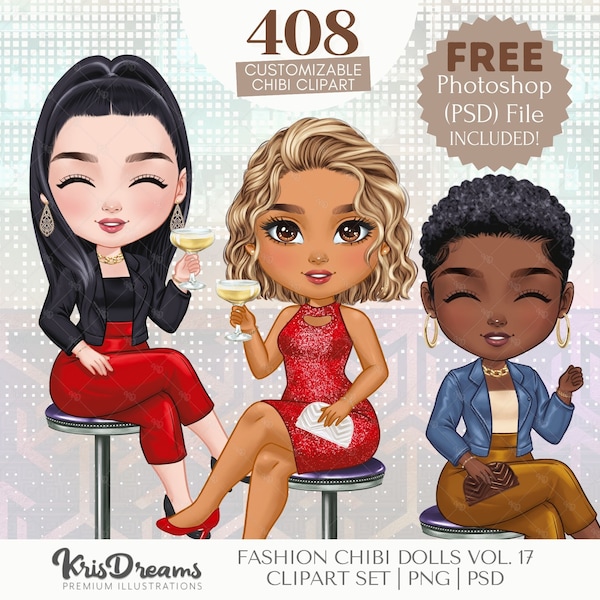 Chibi Best Friends Drinking Cocktail Clipart | Chibi Souls Sisters Girls Night Out | Customizable Hair and Fashion Illustrations