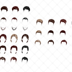 K&ouml;nnte beinhalten: Ein Set mit 36 verschiedenen Frisuren f&uuml;r M&auml;nner, darunter kurze, mittlere und lange Stile. Die Frisuren sind in Schwarz, Braun, Blond und Rot dargestellt.