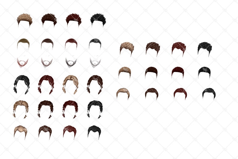 K&ouml;nnte beinhalten: Ein Set mit 36 verschiedenen Frisuren f&uuml;r M&auml;nner, darunter kurze, mittlere und lange Stile. Die Frisuren sind in Schwarz, Braun, Blond und Rot dargestellt.